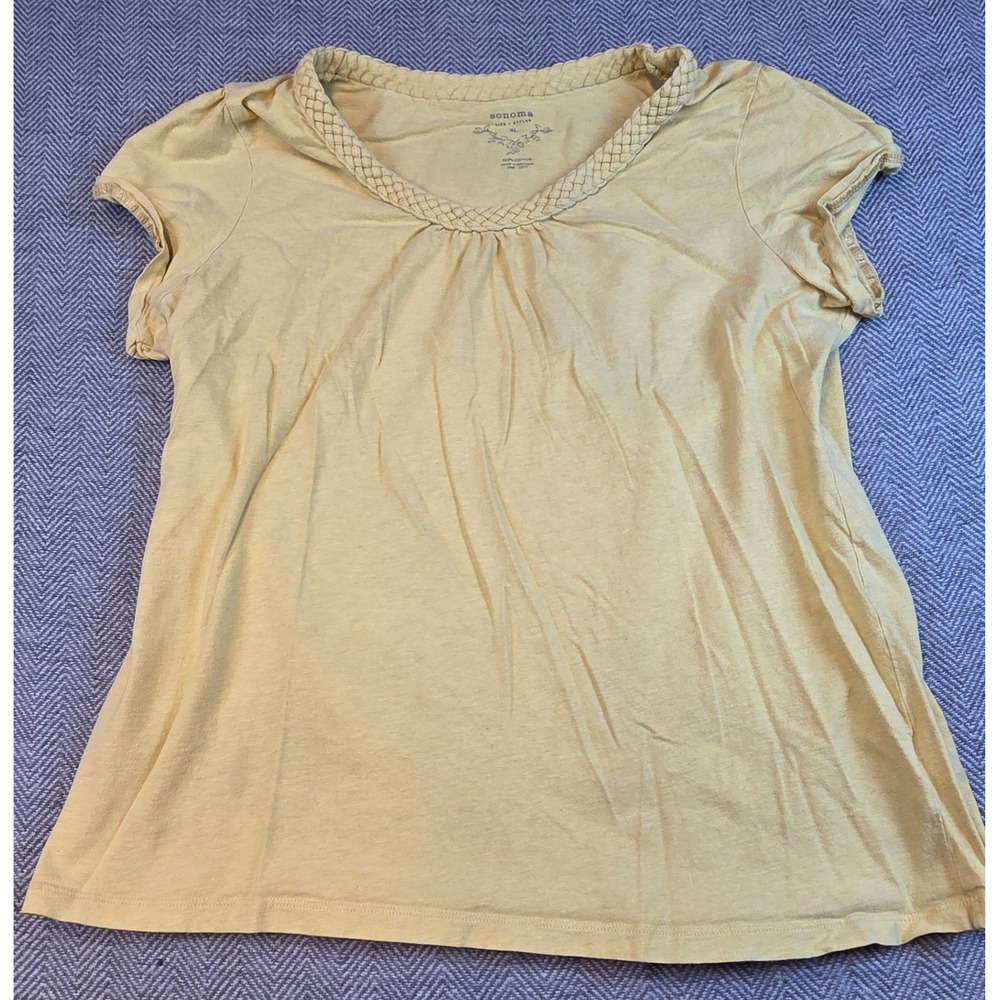 Sonoma Life Style Yellow Cotton Braided V-Neck Ruffle Cap Sleeve Top XL